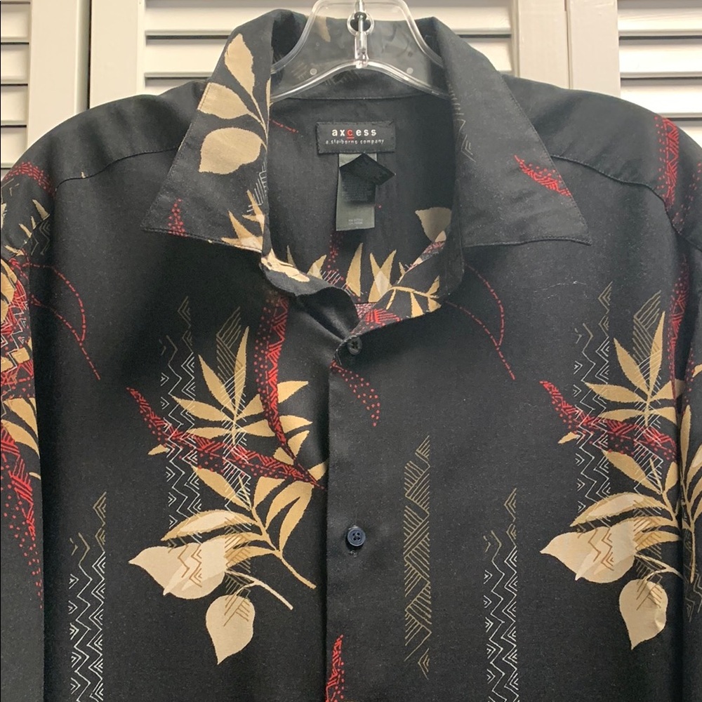 Men’s XL Button Down Casual Dress Shirt Black Tropical Print
